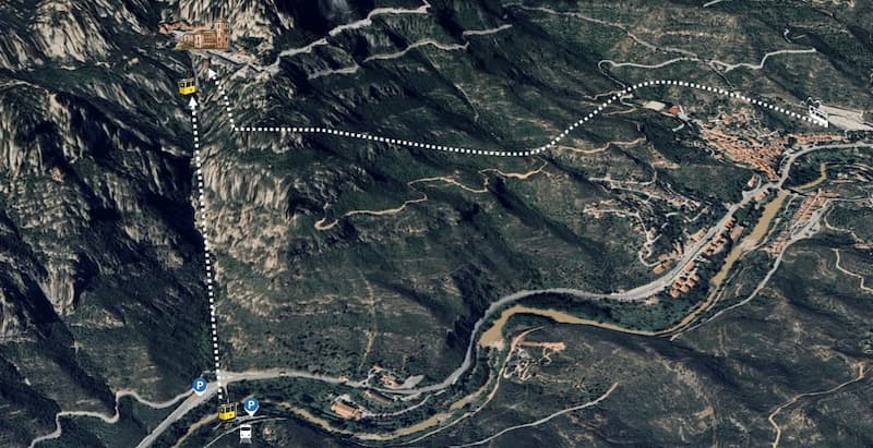 Montserrat cable car route map from Aeri de Montserrat station to Montserrat Monastery