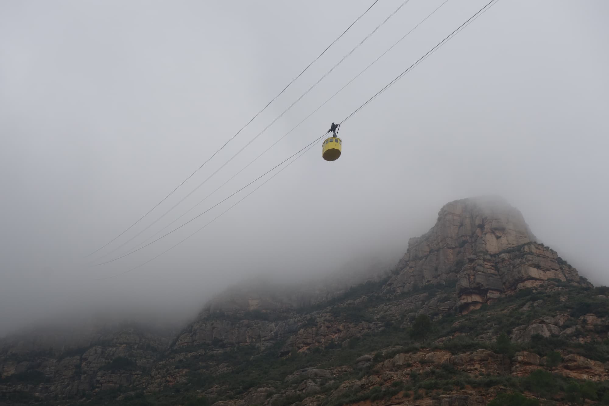 Montserrat cable car crossing the mountain landscape