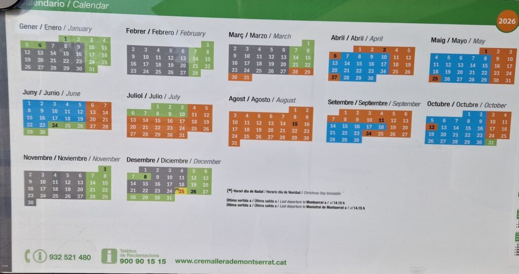 Montserrat rack railway calendar schedule showing seasonal timetables 2026