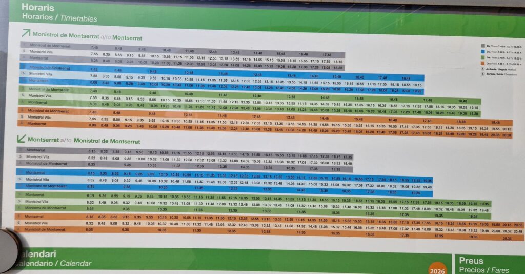 Montserrat rack railway timetable from Monistrol Vila to Montserrat with departure times