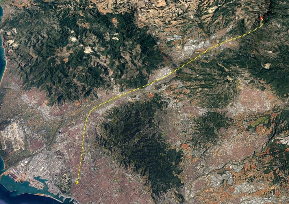 Satellite Montserrat map showing Barcelona and the inland location of Montserrat mountain in Catalonia