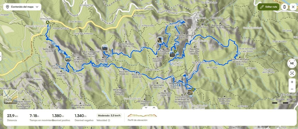 Montserrat Hermitages hiking route map showing full trail across the mountain with elevation and distance details