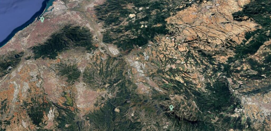 Satellite view showing Montserrat mountain in relation to Barcelona and the surrounding Catalan landscape