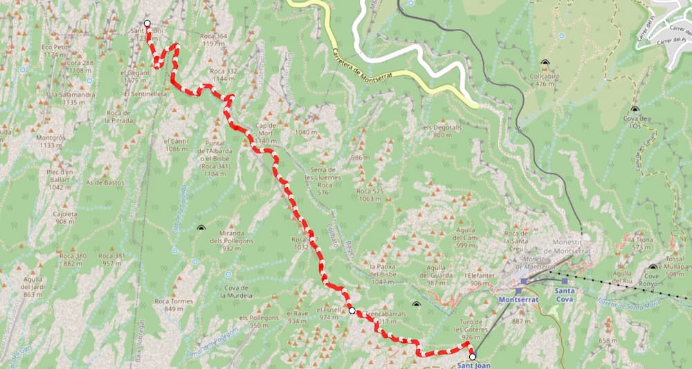Sant Jeroni hike map from Sant Joan station Montserrat route