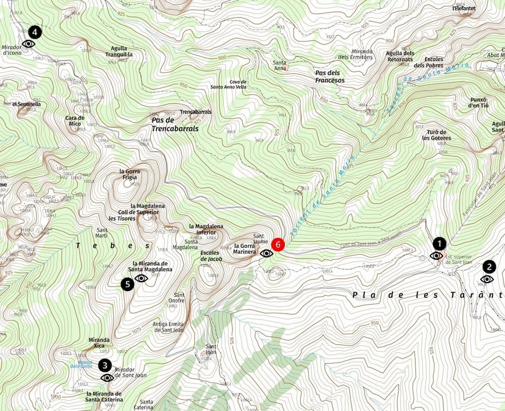 Sant Joan Montserrat map showing the six main viewpoints near the Funicular Sant Joan upper station