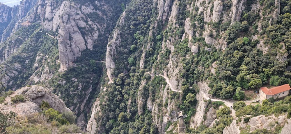 Santa Cova path descending through the Montserrat mountain landscape toward the Holy Cave chapel