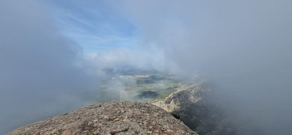 Mirador de Sant Joan viewpoint on a cloudy day in Montserrat
