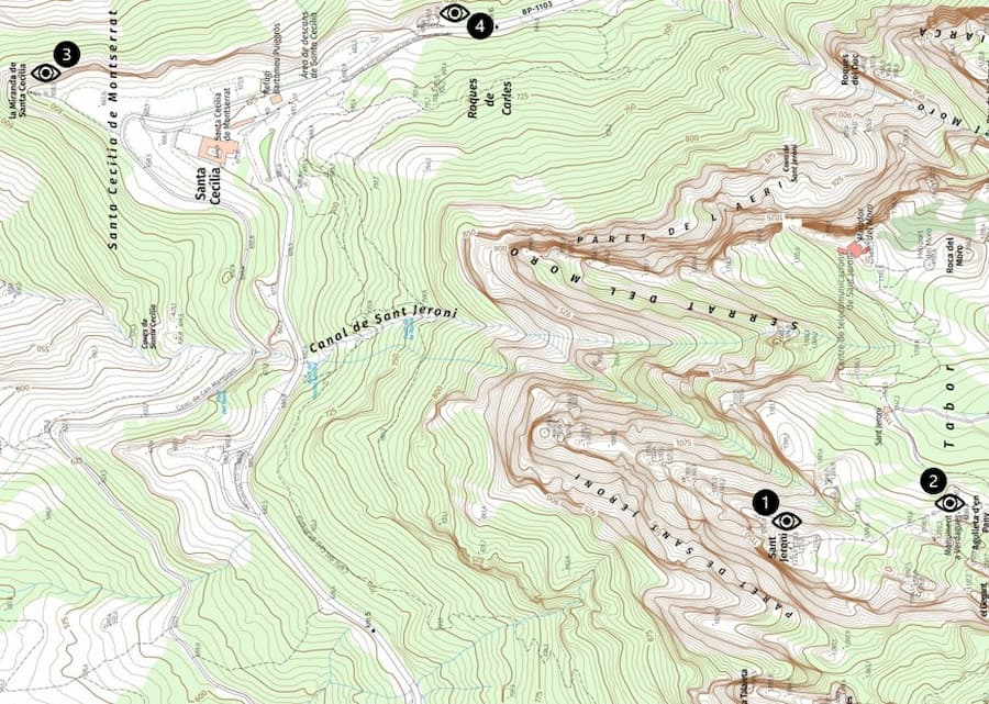 Montserrat mountain viewpoints map showing Sant Jeroni, Mirador Verdaguer and the two Santa Cecilia viewpoints