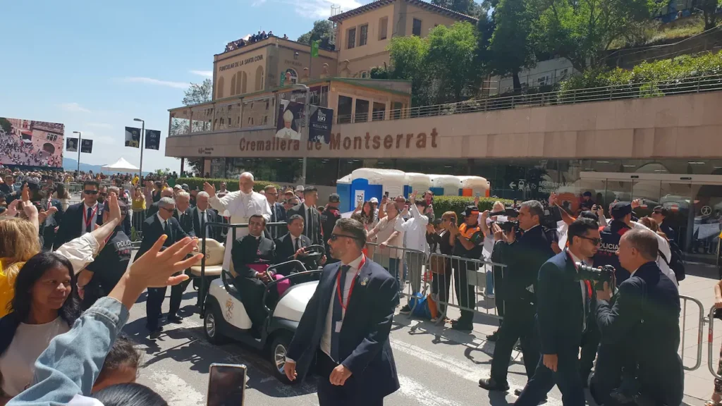 Pope Leo XIV during his holy visit, passing the Cremallera Station at Montserrat.