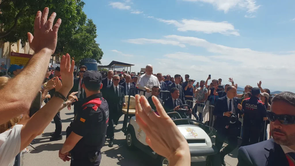 Pope Leo XIV greeting pilgrims at Montserrat on 10 June 2026