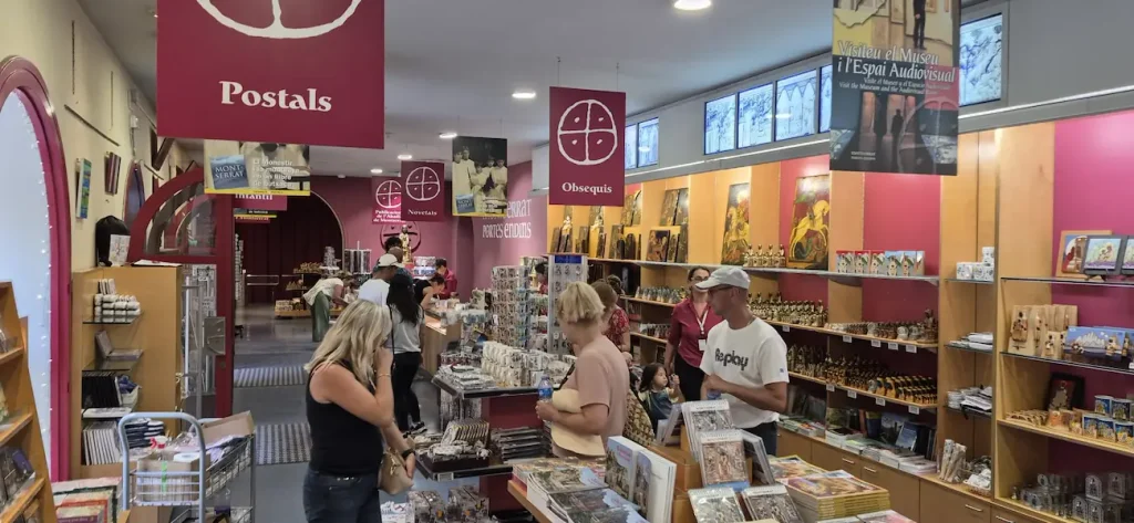 Inside the Audiovisual Space shop, one of the Montserrat shops, with postcards, gifts and abbey books